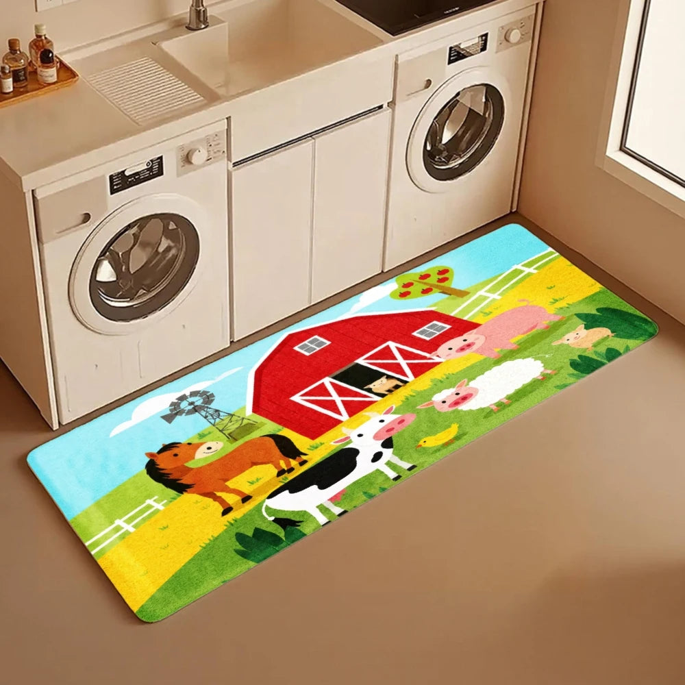 3PCS Kitchen Rugs,Home Decoration for Front Door, Kitchen, Bathroom, Farm Animals Barn Red House Cow Pig Sheep Dog Dining Mat