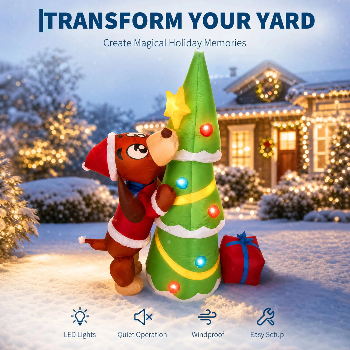 7ft 210cm Giant Inflatable Christmas Dog With Tree LED Lights Outdoor Yard Decoration Blow Up Holiday Party Lawn Prop Xmas Ornament Winter Festival Display Exterior Garden Inflatables Big Event Home Outside Landscape New Year